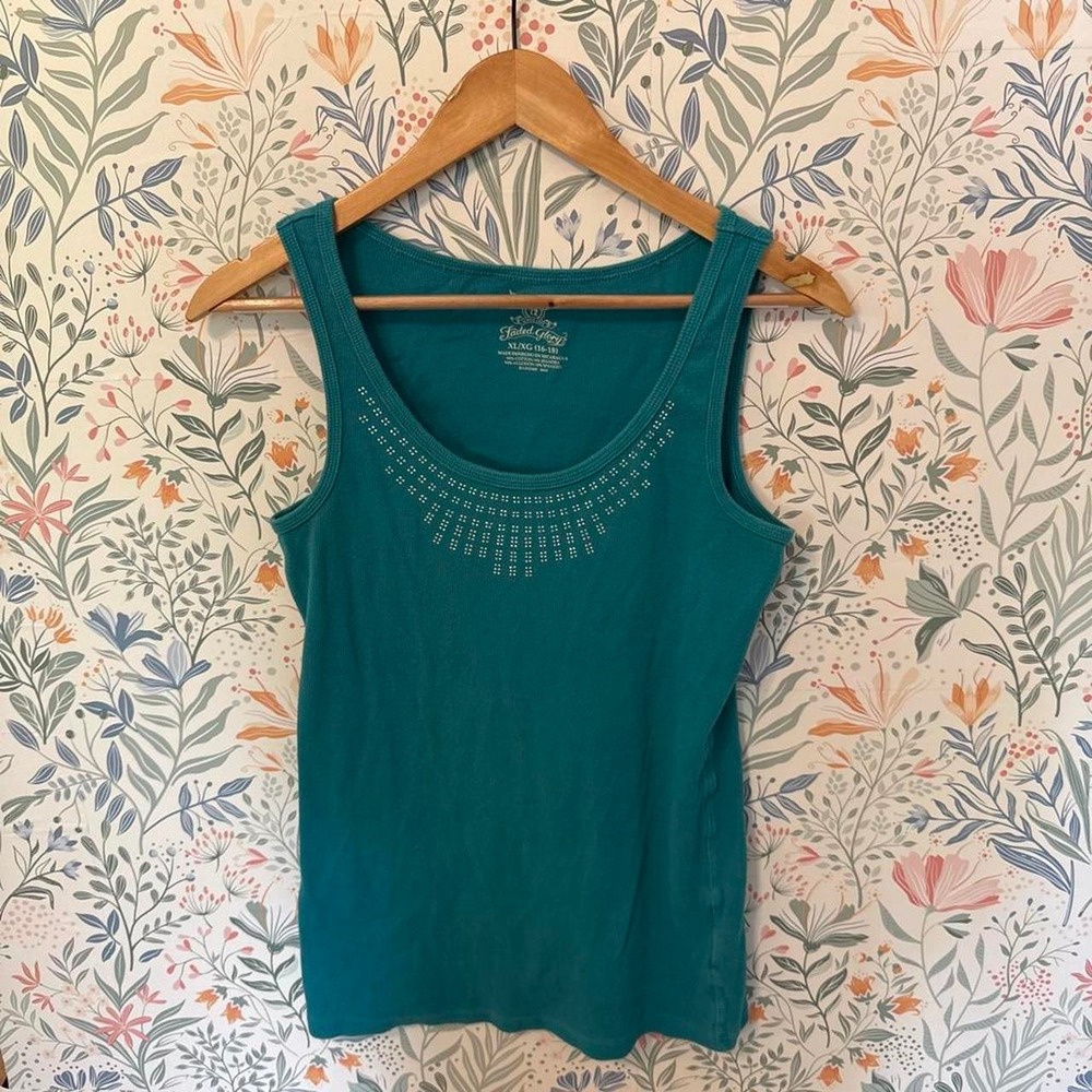Y2K Faded Glory Teal Rhinestone Ribbed Tank Top